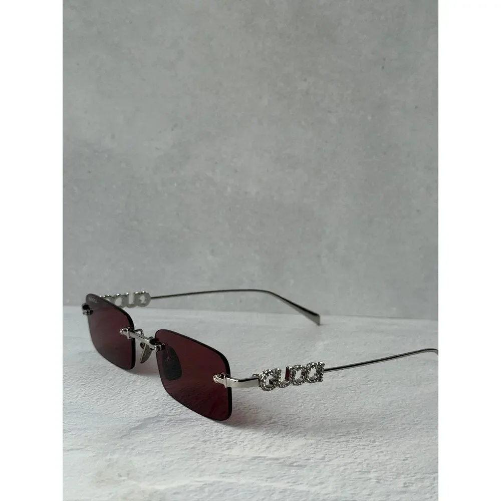 NEW Gucci GG1808S Silver Crystal Rimless Red Lens Sunglasses